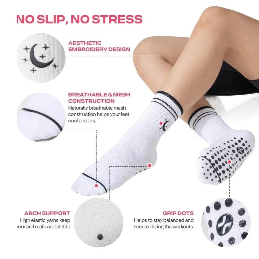Non Slip Grip Yoga Pilates Barre Crew Moon Star Anti Slip‎ Workout Socks